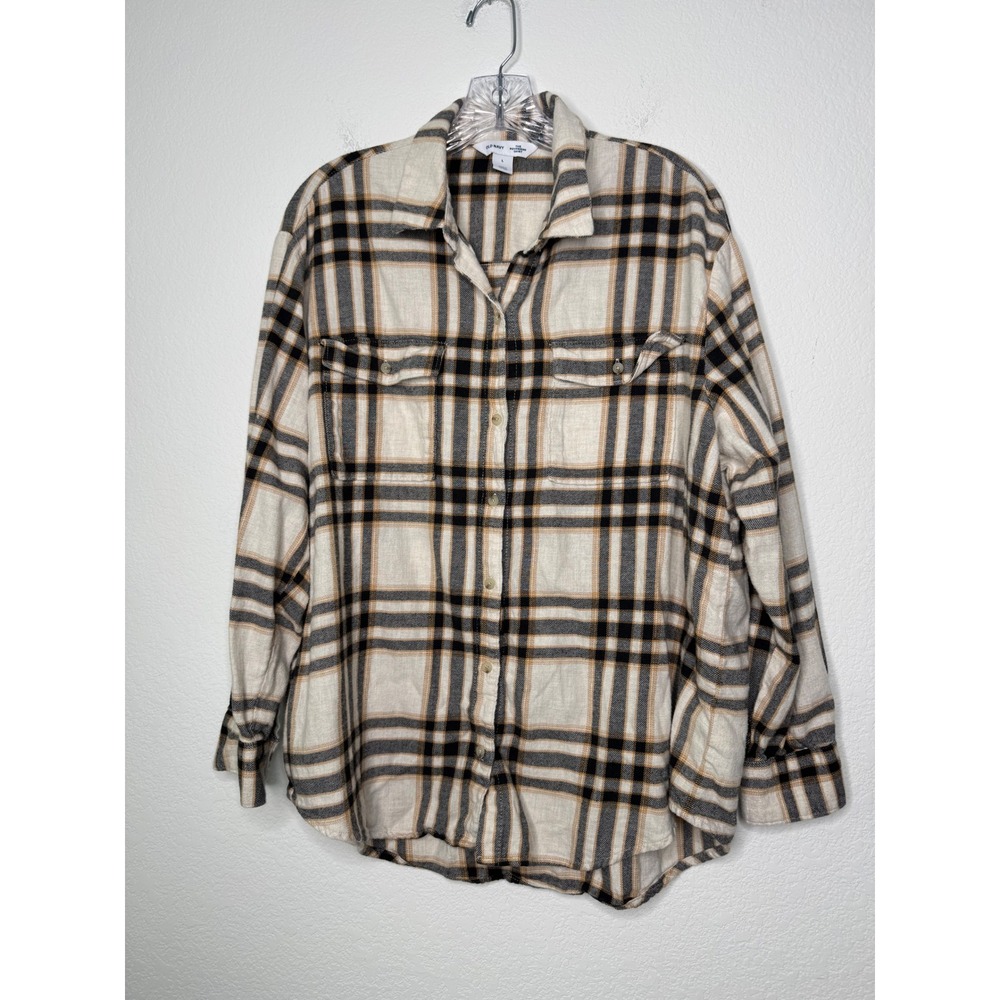 Old Navy‎ The Boyfriend Shirt Womens Size Large Cream Plaid Long Sleeve Flannel